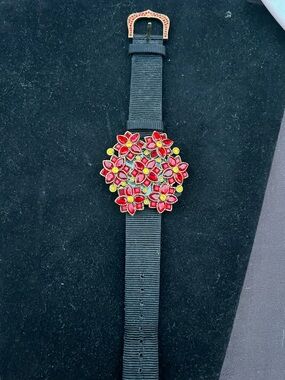 Heidi Daus Gold Floral Bezel Watch with Black Strap